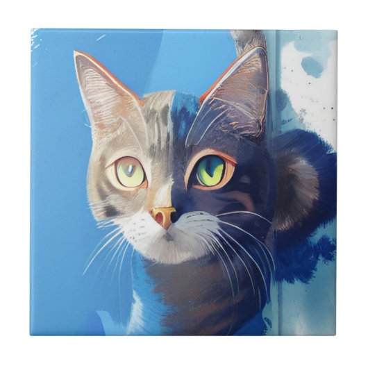 Nieuwsgierig abstracte kattenkunst van blauw tegeltje (Voorkant)