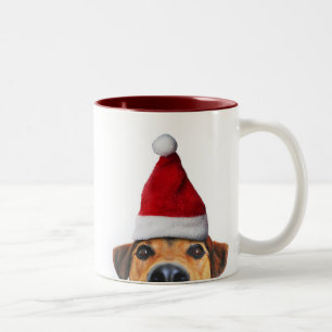 Nieuwsgierig Cute Funny Dog met Santa Hat Tweekleurige Koffiemok