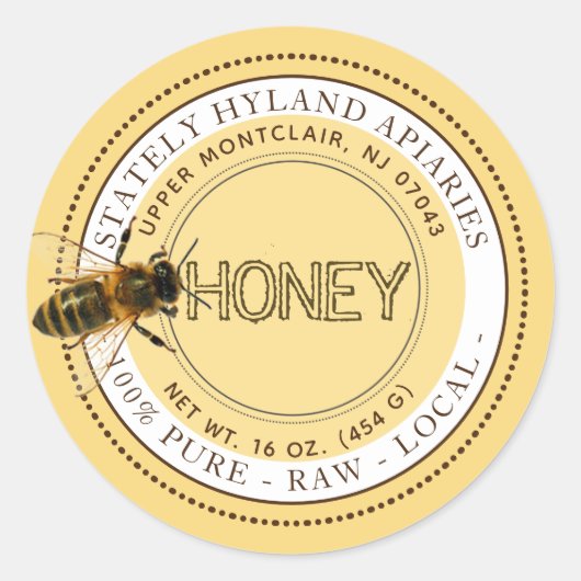 Nieuwsgierig honingetiket op bijen (geel) ronde sticker (Voorkant)