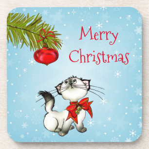 Nieuwsgierig kerstKat met een rode bol Bier Onderzetter
