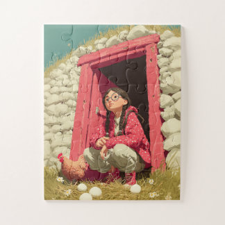 Nieuwsgierig meisje met bril bij boerderijdeur legpuzzel