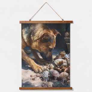 Nieuwsgierige Duitse Herdershond Strand Schelp Kun Hangend Wandkleed