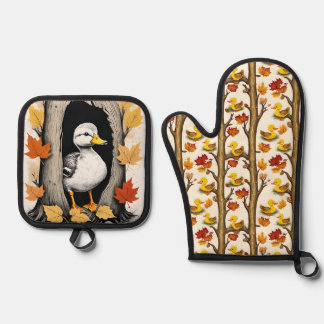 Nieuwsgierige eendjes en herfstbladeren Patroonont Ovenwant & Pannenlap Set