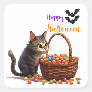 Nieuwsgierige Halloween Kat Met Pompoen Snoep Emme Vierkante Sticker