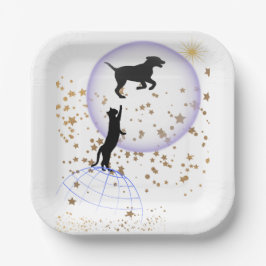 Nieuwsgierige kat en hond papieren bordje