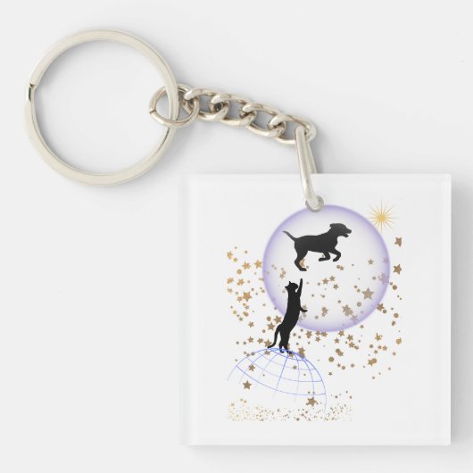 Nieuwsgierige kat en hond sleutelhanger (voorkant)