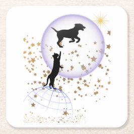 Nieuwsgierige kat en hond vierkante kartonnen onderzetter