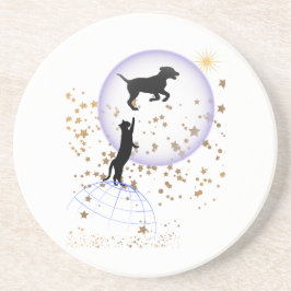 Nieuwsgierige kat en hond zandsteen onderzetter