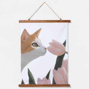 Nieuwsgierige Kat Lente Bloemen Hangend Wandkleed