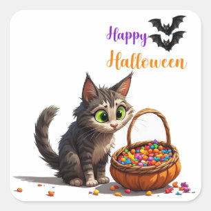Nieuwsgierige Kat Met Snoep Gevulde Jack O Lantern Vierkante Sticker
