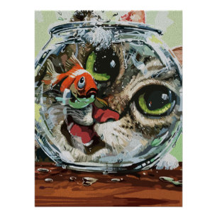 Nieuwsgierige Kat & Voorzichtige Goudvis Perfect Poster
