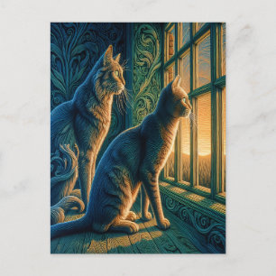Nieuwsgierige katten bij het raam briefkaart