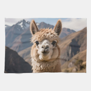 Nieuwsgierige Lama Berg Portret Theedoek
