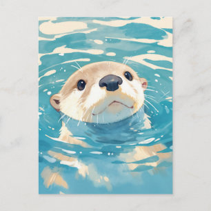 Nieuwsgierige Otter die uit het Blauwe Water gluur Briefkaart