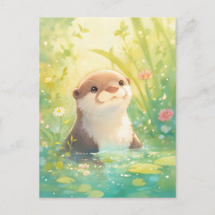 Nieuwsgierige Otter in Zonnige Lelie Vijver Briefkaart