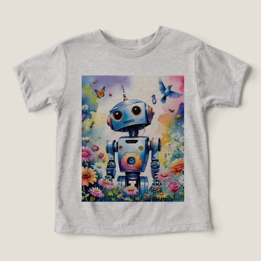 Nieuwsgierige robot met vogels, vlinders en bloeme (Design voorkant)