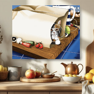 Nieuwsgierige tabbykat boodschappentas blauw leuk poster