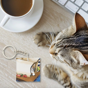 Nieuwsgierige tabbykat boodschappentas blauw leuk sleutelhanger
