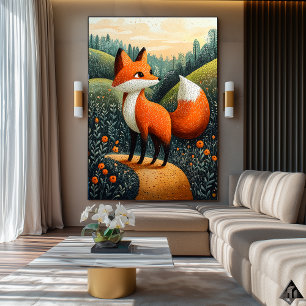 Nieuwsgierige Vos in de Weide – Naïeve Whimsical W Poster