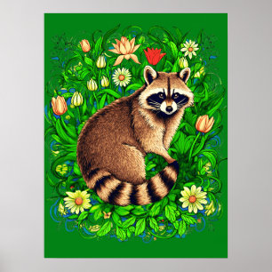Nieuwsgierige wasbeer in een kleurrijke bloementui poster