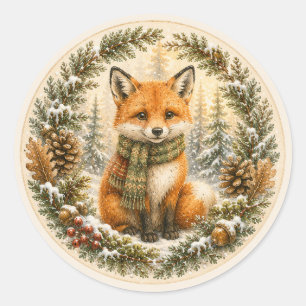 Nieuwsgierige Winter Vos Bos Verjaardags Vrienden Ronde Sticker