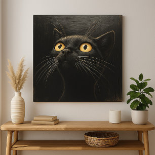 Nieuwsgierige zwarte kat - grillig canvas afdruk