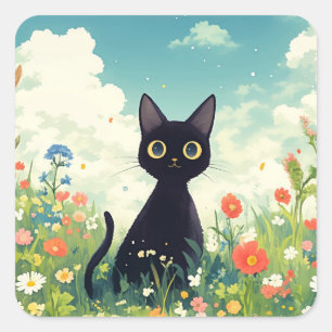 Nieuwsgierige Zwarte Kat Tussen Kleurrijke Bloesem Vierkante Sticker