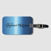 Night Blue Metallic Minimalist Chic Trendy Script Bagagelabel (Voorkant (horizontaal))