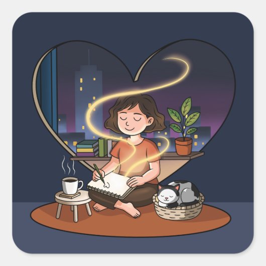 Night Creator Cozy Heart Window Art Vierkante Sticker (Voorkant)