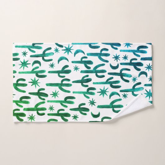 Night Desert Cactus Waterverf Pattern Green Blue Bad Handdoek (Handdoek)