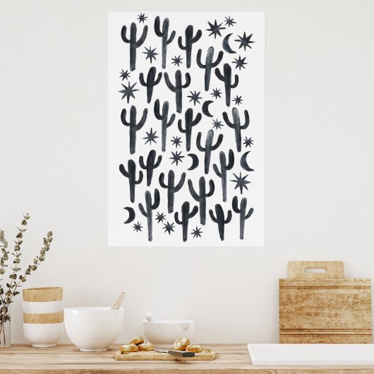 Night Desert Fun Cactus Indigo Pattern Waterverf Poster (Keuken)