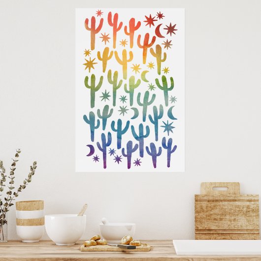Night Desert Fun Cactus Rainbow Pattern Waterverf Poster (Keuken)