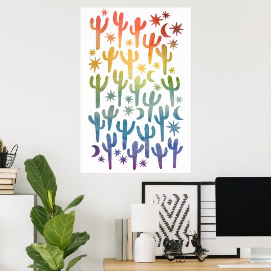 Night Desert Fun Cactus Rainbow Pattern Waterverf Poster (Thuiskantoor)