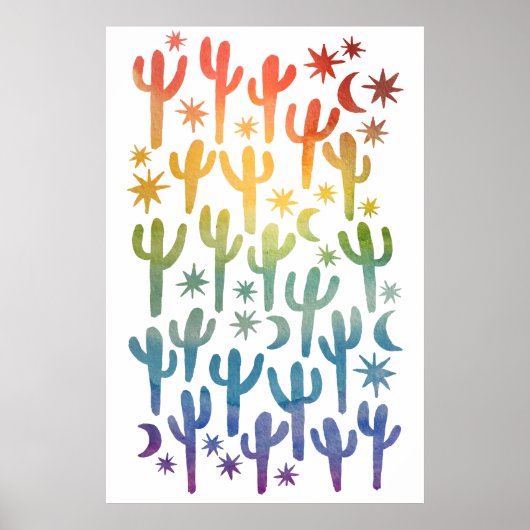 Night Desert Fun Cactus Rainbow Pattern Waterverf Poster (Voorkant)