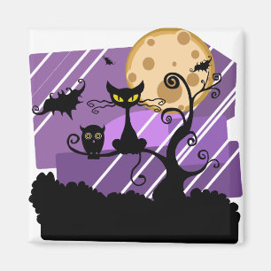 Night Halloween Moon Cat Tree Outside Owl Bat Magneet
