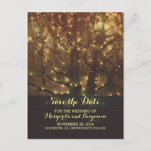 Night Lights Trees Rustic Save The Date Briefkaart (Voorkant)