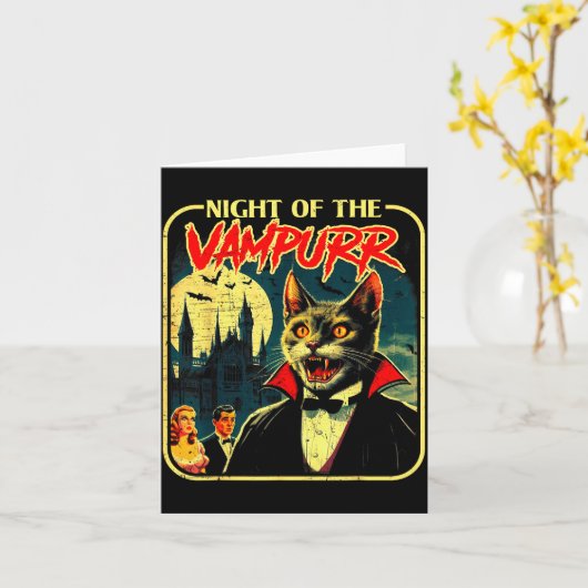 Night Of The Vampurr Funny Cat Halloween Kaart (Gele Bloem)
