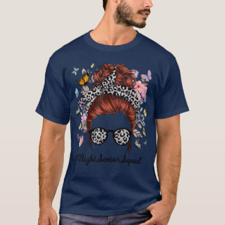Night Senior Messy Bun Leopard Butterfly Floral T-shirt