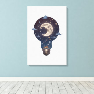 Night Sky and Cottage Inside a Lightbulb Canvas Afdruk