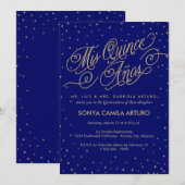 Night Sky Gold Stars & Navy Quinceañera Invitation (Devant / Derrière)