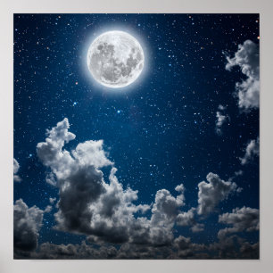 Night Sky met sterren en maan en wolken Poster