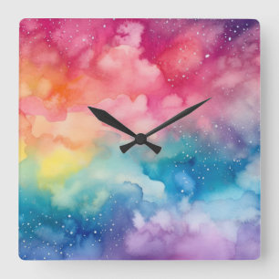 Night Sky Rainbow Aquarel Abstracte kunst Vierkante Klok