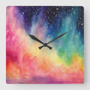 Night Sky Rainbow Aquarel Abstracte kunst Vierkante Klok