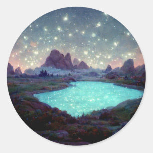 Night Sky Stars Fantasy Landschap Ronde Sticker