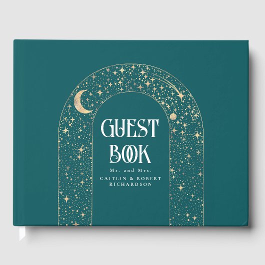 Night Sky Stars Hemelse Blauwgroen bruiloft Gastenboek (Voorkant)