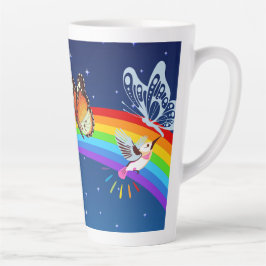 Night Sky, twee vogels, vlinders en een regenboog Latte Mok