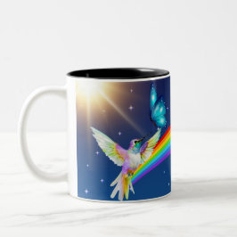 Night Sky, twee vogels, vlinders en een regenboog Tweekleurige Koffiemok
