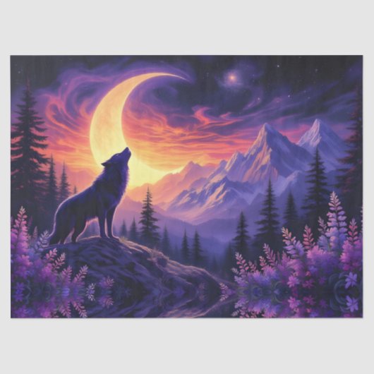 Night Sky Wolf Crescent Moon Lavender Tissuepapier (Voorkant)