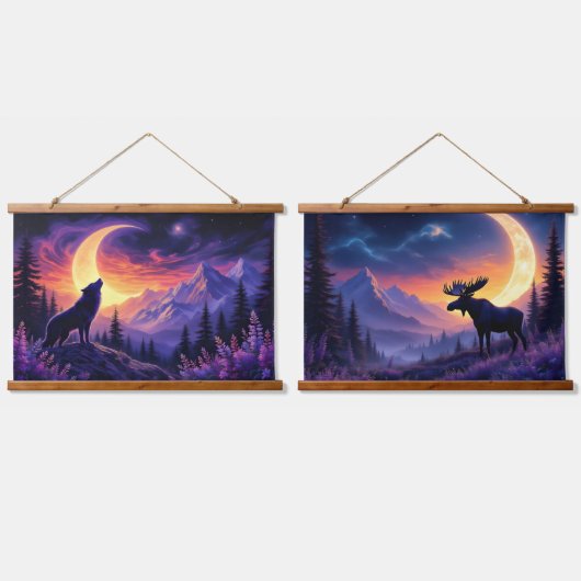 Night Sky Wolf Sasquatch Moose Crescent Moon Hangend Wandkleed (Dubbel)