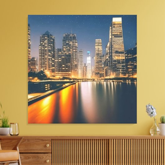 Night Skyline met Full Moon: Digitaal schilderen o Canvas Afdruk (Insitu (Woonkamer))